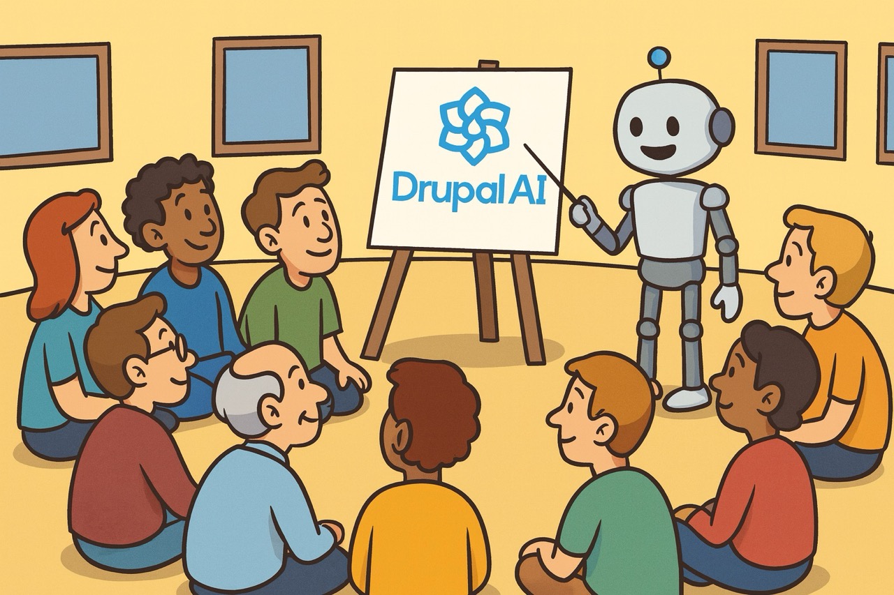  Can you make a humorous illustration of a group of people (maybe around 10?) in a classroom setting, gathered around (perhaps in a rough circle) a robot standing next to an A stand on which a placard with this logo on it. The robot should be using a pointer to gesture at the placard, as if they are teaching the assembled people around it about the logo and the topic.  I'm looking for a hero image to use for this page: https://www.badcamp.org/event/summits/ai-summit